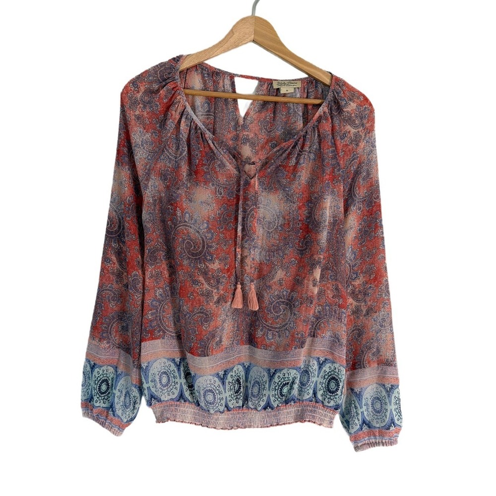 LUCKY BRAND Semi-Sheer Paisley Floral Stretchy Bottom Lightweight Women's Top M